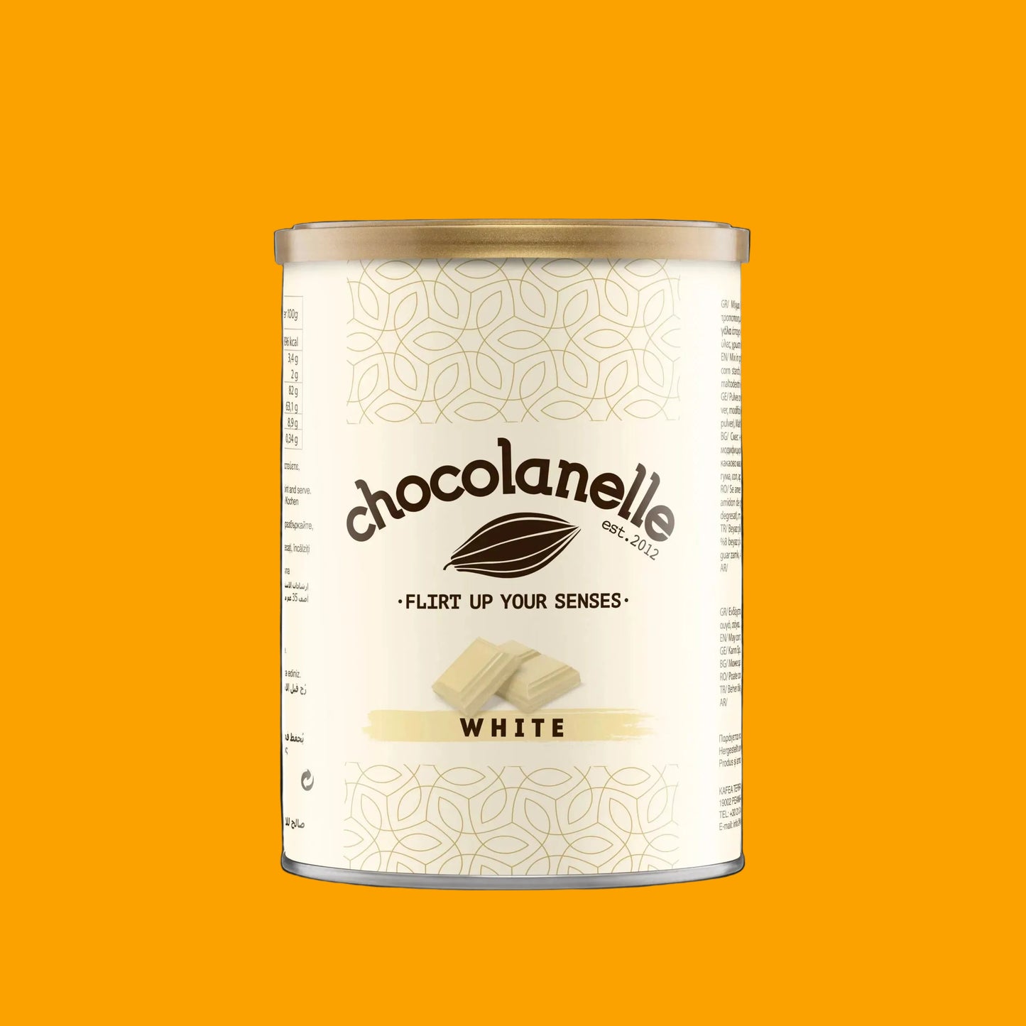 Chocolanelle white chocolate canister on a white background