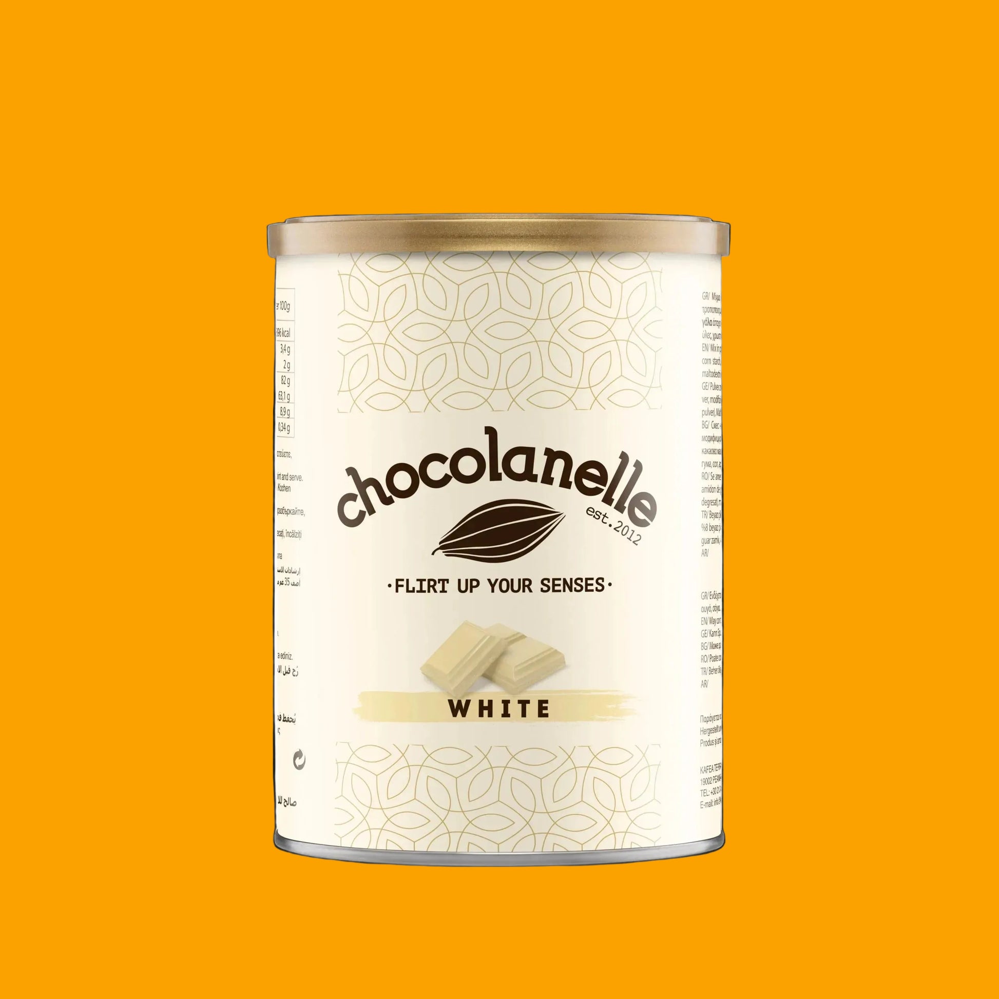 Chocolanelle white chocolate canister on a white background
