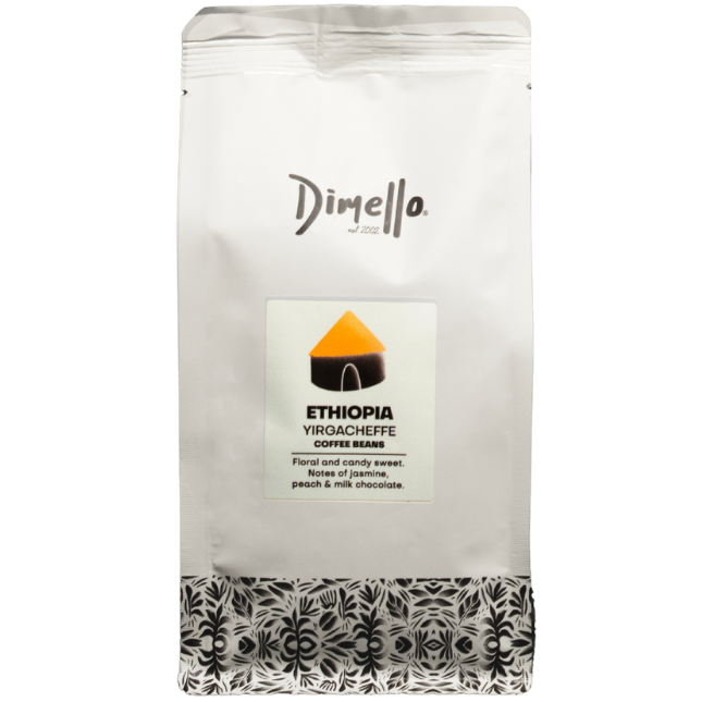 Dimello coffee package with Ethiopia Yirgacheffe label on a white background